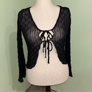 London Rose Black Sheer Textured Knit Tie Front Bell Sleeve Blouse Women’s Sz S